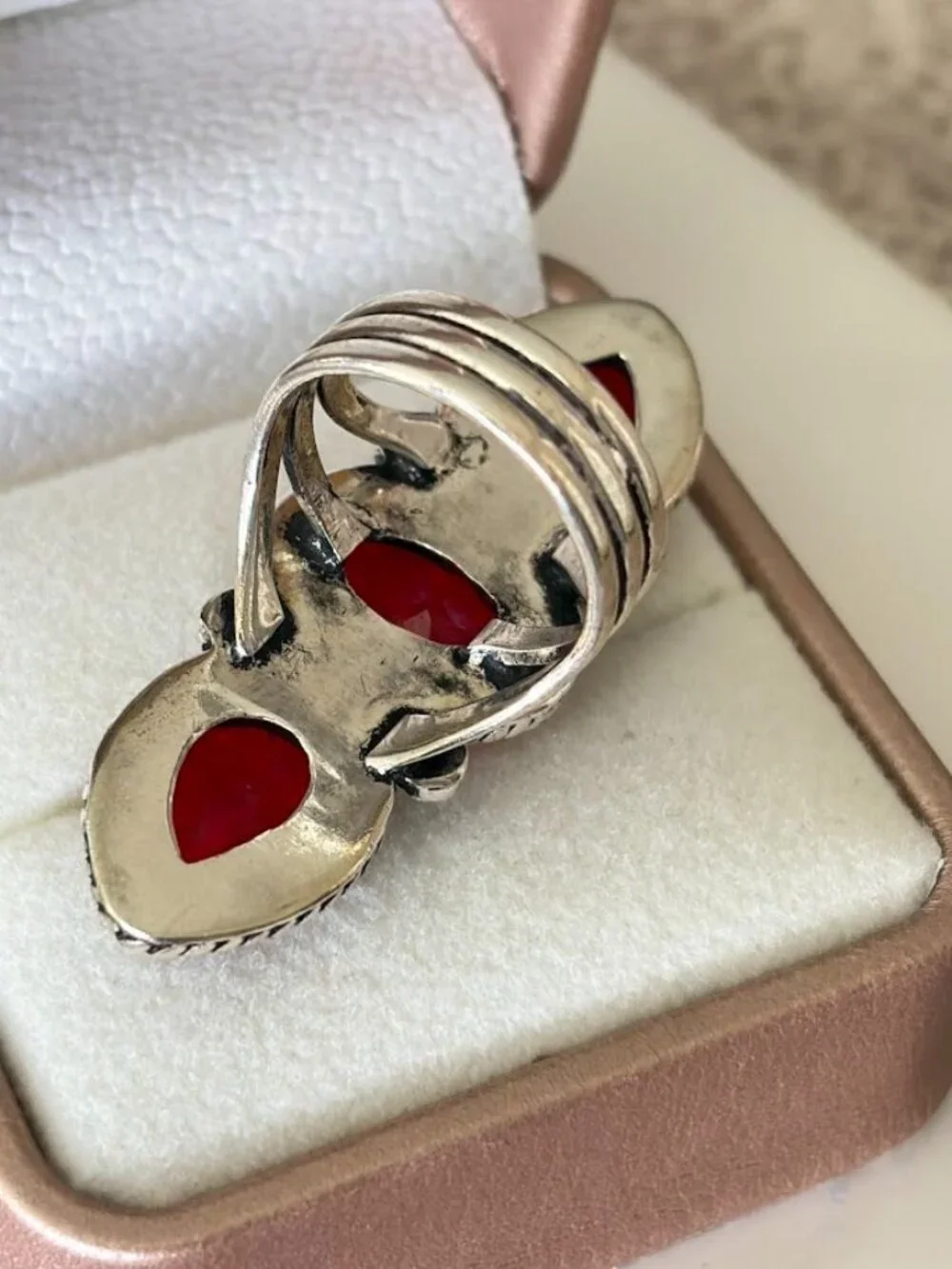Simulated Garnet Three Stone Statement Ring 925 Silver Plated - Size 6.5